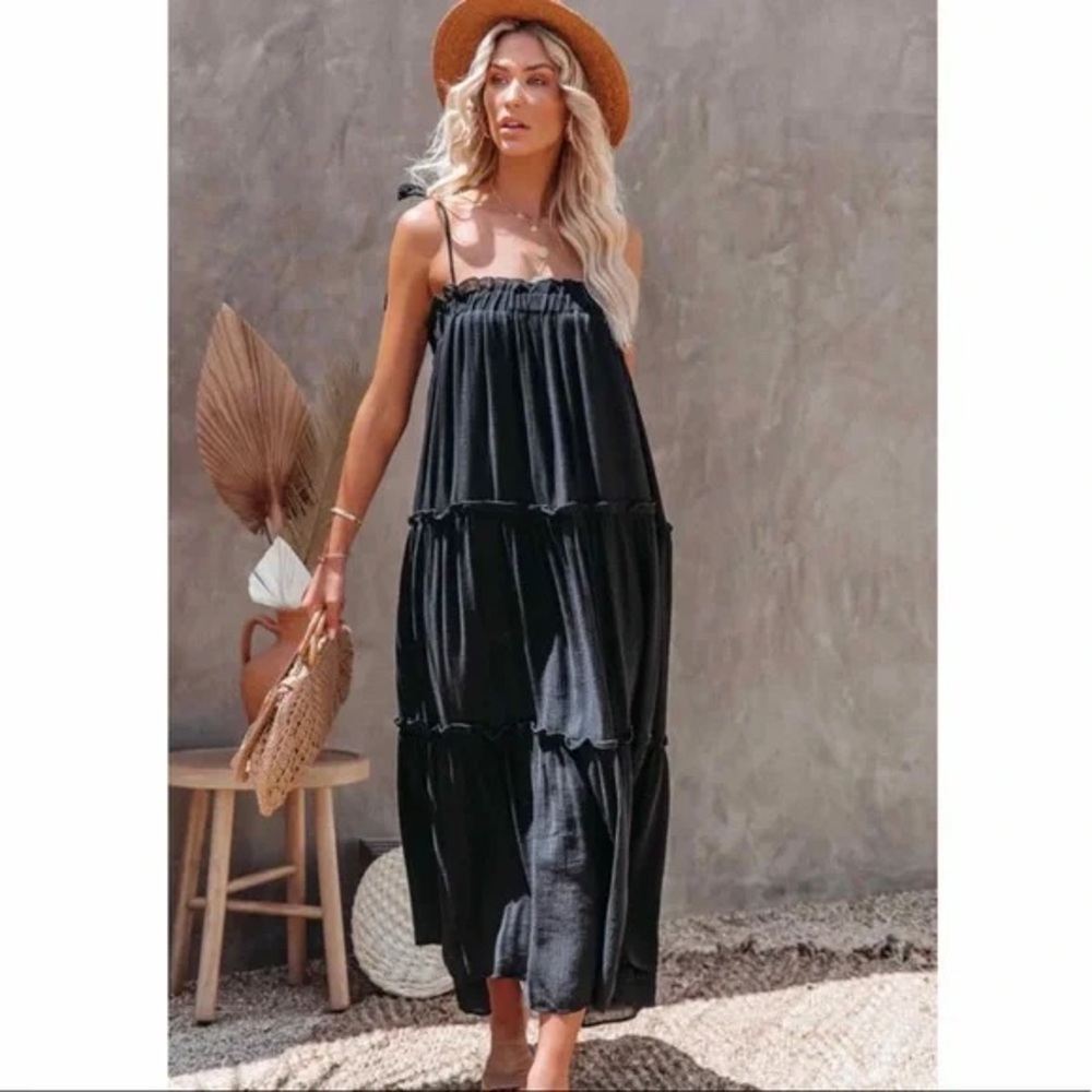 VICI - Catch The Sun Tiered Black Midi Dress - Size L